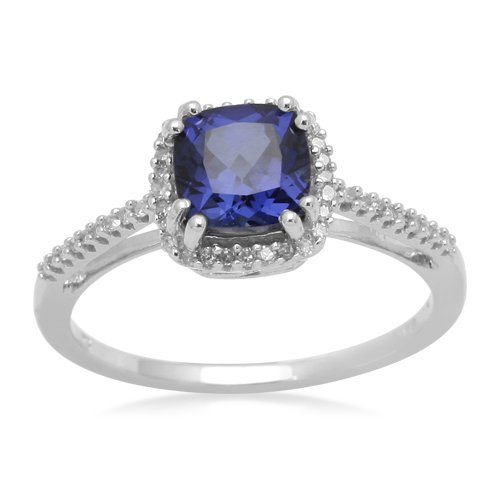 10k White Gold, September Birthstone, Created Ceylon Sapphire and Diamond Cushion Ring, Size 7
