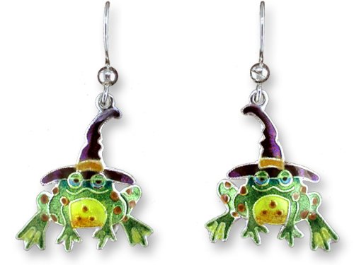 Halloween Toad w/ Witch's Hat Enamel & Sterling Dangle Earrings