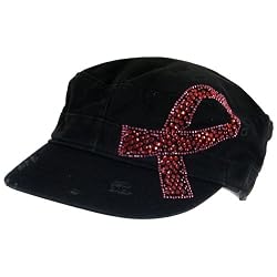 Cancer Pink Crystal Ribbon Frayed Cadet Hat Cap Black