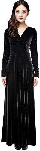 WML Women's V-neck Autumn Shimmer Velvet Stretchy Long Dress