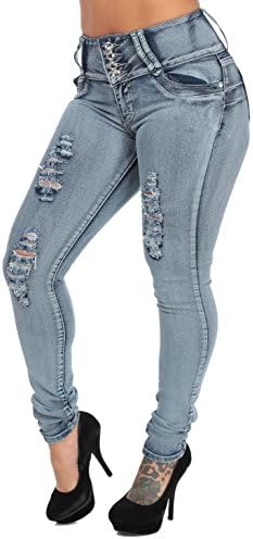 High Waist Butt Lifting Skinny Jeans With Distressed Front (Faded Blue)-11