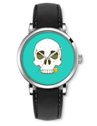 SPRAWL Aanalog Fashion Series Silver Ladies Watches of Genuine Black Leather Strap,Unique Wrist Watch for Women Girls Designed with Skull blue background
