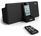 AZATOM® Home Duo Black speaker system & Docking station with Radio & AUX input. Produces 16 watts clear sound via its stereo speaker system. Supplied with a feature full remote control. Dock and charge