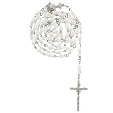 First Communion White Rosary with 5mmx8mm Oval Plastic Beads in Chain Links - 32'' Necklace, 22'' Overall Length
