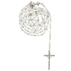 First Communion White Rosary with 5mmx8mm Oval Plastic Beads in Chain Links - 32'' Necklace, 22'' Overall Length