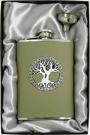 8oz "Celtic Tree of Life" Olive Genuine Leather Flask & Funnel Deluxe Gift Set