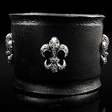 Royalty Collection Black Cz Silver Fleur De Lis Large Leather Bracelet