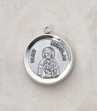 Sterling Silver St. Nicholas Medal with 20" Chain. Catholic Saint Nicholas Patron Saint of Bakers, Brewers, Brides, Babies, Children, Merchants, Pawnbrokers, Travelers, Barrel Makers, Boys, Girls, Dock Workers, Druggists, Pharmacists, Fishermen, Grooms, Judges, Law Suits Lost Unjustly, Murderers, Newlyweds, Old Maids, Parish Clerk, Paupers, Perfumeries, Pilgrims, Poor People, Prisoners, Robberies, Sailors, Scholars, Schoolchildren, Shoe Shiners, Spinsters, Students, Thieves, Travelers, Unmarried Girls.