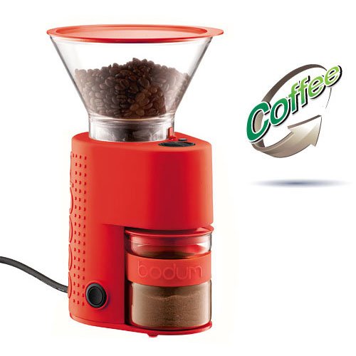 Bodum Bistro Burr Grinder - Red (includes 1lb Colombia Supremo Gourmet Coffee)