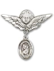 Sterling Silver Baby Badge with St. Christopher Charm and Angel with Wings Badge Pin
