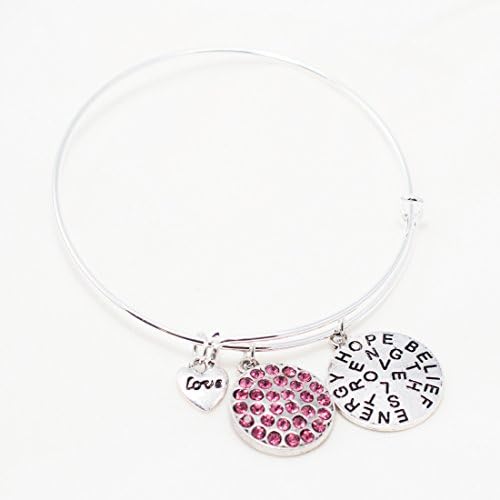 Charm Bangle Bracelet, Crystal Pendant, Hope Round, Heart Love Pendants Silver Bangles (Pink)