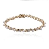 18k Yellow Gold Plated Sterling Silver Genuine Fresh Water Pearl and Diamond Accent Bracelet, 7.25