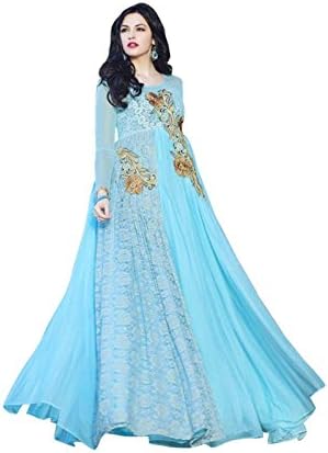 Whatshop Women's Stylefuia Bollywood Designer Embroiderd Floor Length Gown Free Size Sky Blue