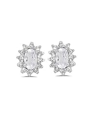 Birthstone Company 14k White Gold Oval White Topaz And Diamond Earrings