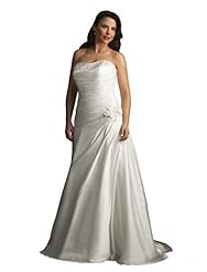 Plus Size A-line Strapless Sweetheart Satin Corset   Waistline Beaded Pleated Lace-Up Wedding Dress 