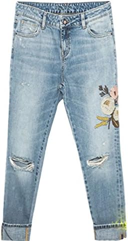 Female Flower Embroidery Jeans Light Blue Casual Capris Pockets Straight Jeans Pants Women BottomL