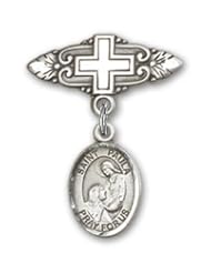 Sterling Silver Baby Badge with St. Paula Charm and Badge Pin with Cross