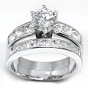 Solid Sterling Silver Cubic Zirconia Rhodium Plated 2 Piece Wedding Ring with Round Center Stone & Princess Cut Channel Set Cubic Zirconia Stones
