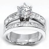 Solid Sterling Silver Cubic Zirconia Rhodium Plated 2 Piece Wedding Ring with Round Center Stone & Princess Cut Channel Set Cubic Zirconia Stones