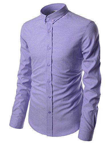 TheLees (NKN451) Mens Long Sleeve Slim Cut Solid Oxford Dress Shirts PURPLE US L(Tag size L)