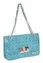 Blue patent shoulder handbag with chain strap and heart shaped quilting