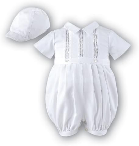 Christening Romper with Open Work Embroidery and Belt