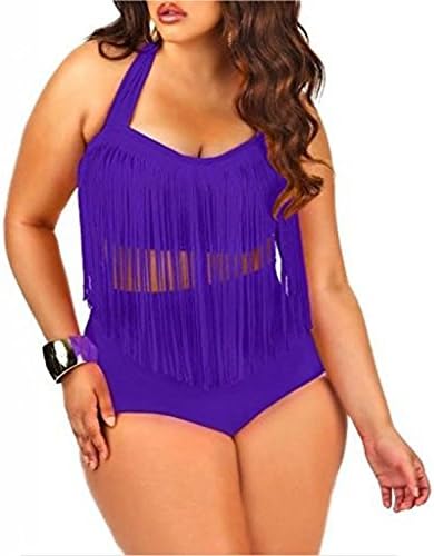 Women's Plus Size Retro Vintage High Waist Braided Fringe Top Bikini Swimsuits