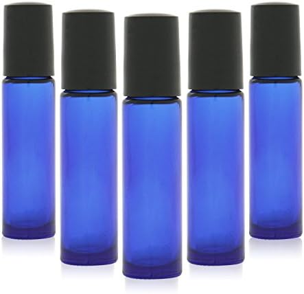 Roll on Glass Bottle - Blue 10ml 1/3oz Size for Essential Oil - Empty Aromatherapy Perfume Bottles - Cobalt Refillable Slim with Cap Black (6 Pack)