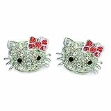 Lovable Silver Plated Hello Kitty Crystal CZ Stud Celebrity Teen Earrings with Red Bow