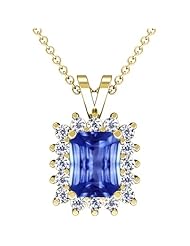 18K Yellow Gold Emerald Cut Blue Sapphire And Round Diamond Pendant