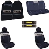 IMAGE OF MOMO Auto Accessories Interior Combo Kit 12 Piece Gift Set - Front & Rear Floor Mats, Front Low Back Bucket Seat Covers, Headrest Covers, Rear Bench Seat Cover & Shoulder Belt Pads - MOMO Italy Black/Grey