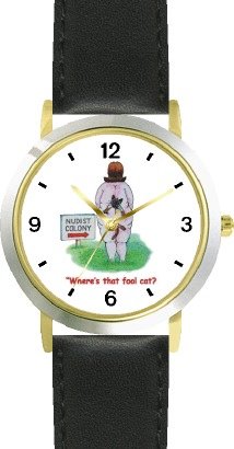 Cat Stuck in Woman's Buttock Crease Cat Cartoon or Comic - JP Animal - WATCHBUDDY® DELUXE TWO-TONE THEME WATCH - Arabic Numbers - Black Leather Strap-Size-Children's Size-Small ( Boy's Size & Girl's Size )