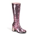 Womens Knee Boots 3 Inch Block Heel Sequins Sexy Knee High Pink