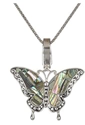Silver-Tone Green Abalone Etruscan Butterfly Magnetic Clasp Pendant Popcorn Chain & Earrings