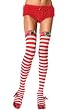 Christmas Stripe Thigh High Nylon Stocking with Ruffle Trim, Satin Bow and Bells
