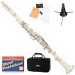 Mendini MCT-W+SD+PB White ABS B Flat Clarinet with Case, Stand, Pocketbook, Mouthpiece, 10 Reeds and More