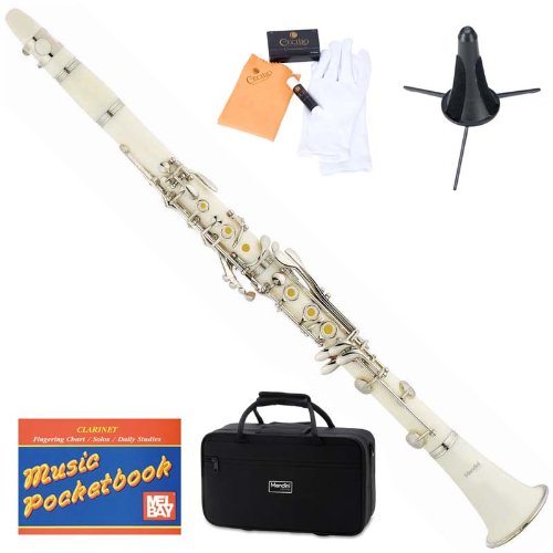 Mendini MCT-W+SD+PB White ABS B Flat Clarinet with Case, Stand, Pocketbook, Mouthpiece, 10 Reeds and More