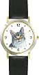 Gray Tabby Tom Cat - JP - WATCHBUDDY&reg; DELUXE TWO-TONE THEME WATCH - Arabic Numbers - Black Leather Strap-Size-Large ( Men's Size or Jumbo Women's Size )