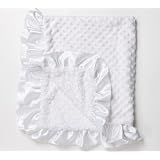 White Baby Blanket Keepsake White Minky Dots/White Ultra Plush Swirl with White Satin Ruffle for Special Occasions, Blessing Blanket, Christening Blanket, An Alexander Timothy Designer Baby Throw