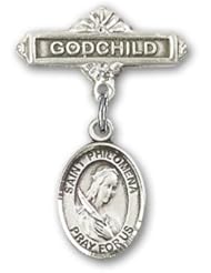 Sterling Silver Baby Badge with St. Philomena Charm and Godchild Badge Pin