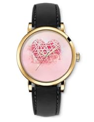SPRAWL Aanalog Fashion Series Gold Ladies Watches of Genuine Black Leather Strap,Unique Wrist Watch for Women Girls Designed with Red heart tied