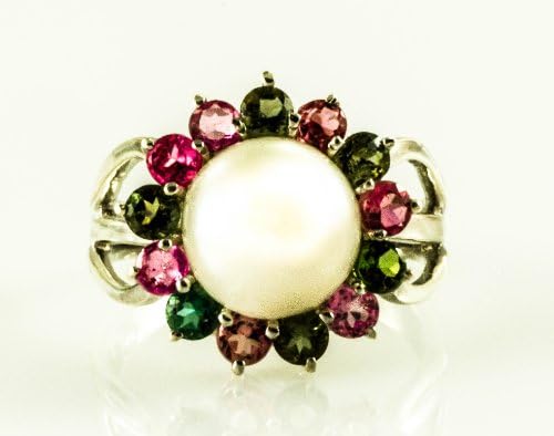 Pearl and Multistone (Ruby, Emerald, Citrine, Pink Tourmaline) Ring in Rhodium Plated Sterling Silver