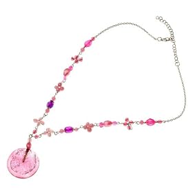 Pinky's Choice Pink Beaded Baked Glass Pendant Necklace with Floral Pink Beads