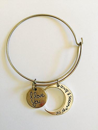 Expandable Silver Wire Bangle Bracelet "I LOVE YOU TO THE MOON & BACK" 7.75" by A&A