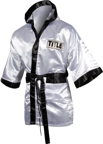 TITLE Boxing 3/4 Length Stock Satin Robe, White/Black, X-Large