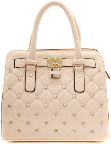 Womens Rhinestone Studded Top Handle Handbag with Pad Lock Decore (Pink)