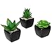 MyGift Set of 3 Modern Square Black Ceramic Artificial Succulent Planter/Mini Faux Potted Plants