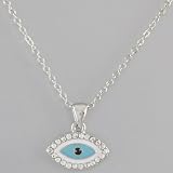 White Gold-Tone Chain with Light Blue Eye Pendant and Diamond-Like Accents