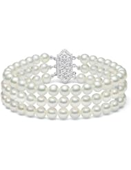 PremiumPearl AA+ Triple Strand White Akoya Cultured Pearl Bracelet with Gold Standard Clasp, 7"Length