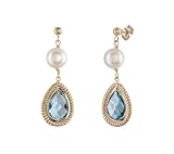 10k Yellow Gold Blue Topaz with White Freshwater Cultured Pearl Dangle Earrings
